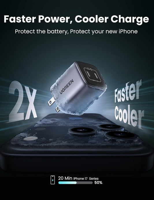 UGREEN charger with text 'Faster Power, Cooler Charge' for iphone 50% in 20mins on a dark background. for sale by ZULVIRE barbados