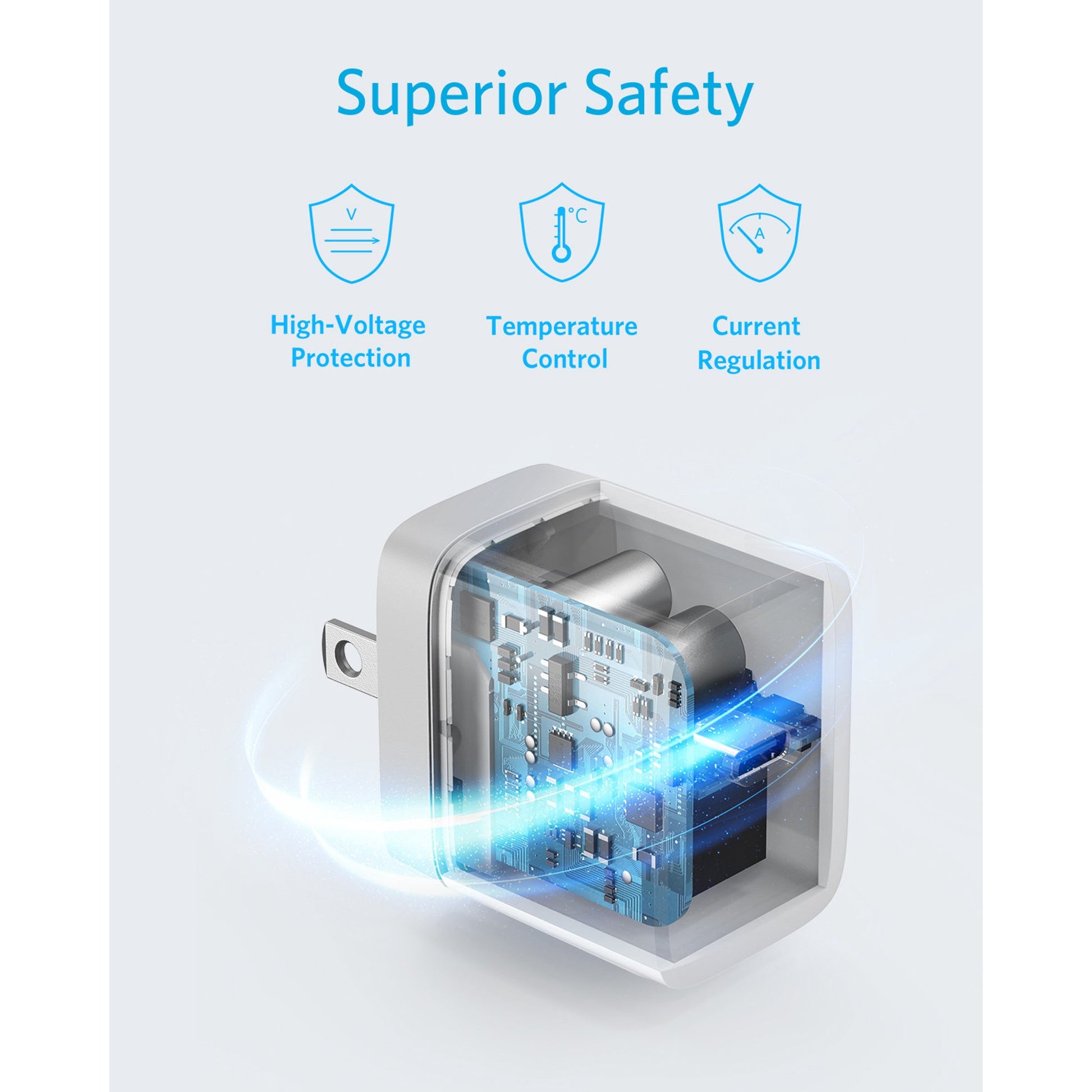 A plug-in electronic adapter shown on a light gray background with the headline 'Superior Safety' and three feature icons reading High-Voltage Protection, Temperature Control, and Current Regulation. The adapter is semi-transparent with glowing blue internal circuitry visible.