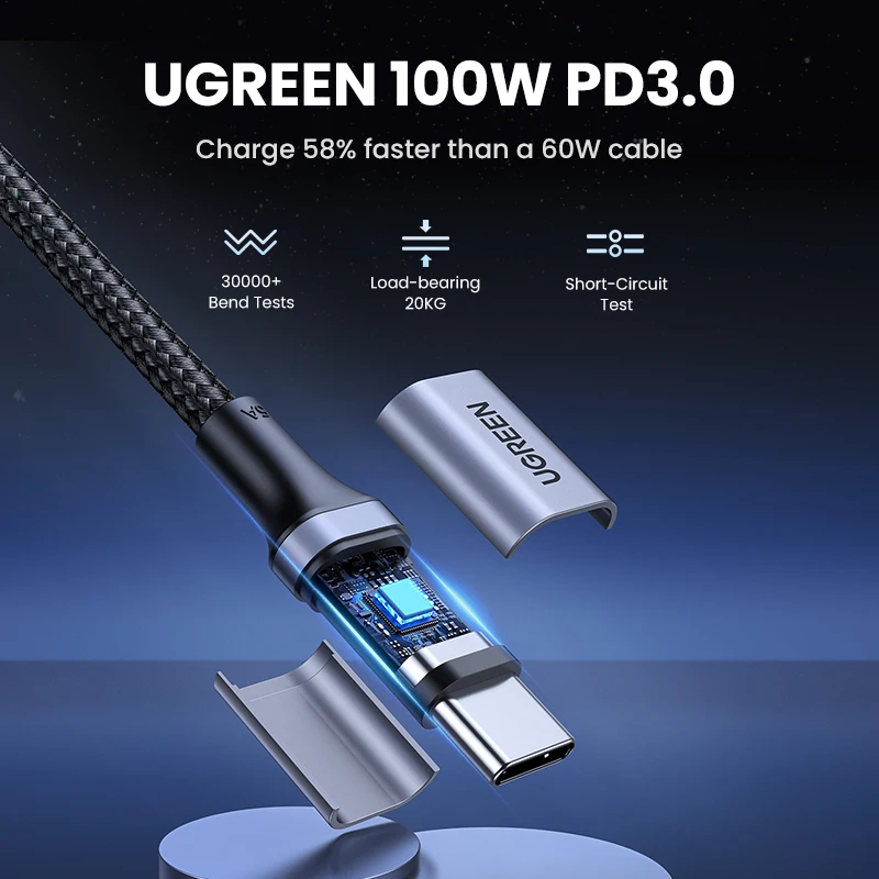 UGREEN 100W PD3.0 cable with charging details on a dark background