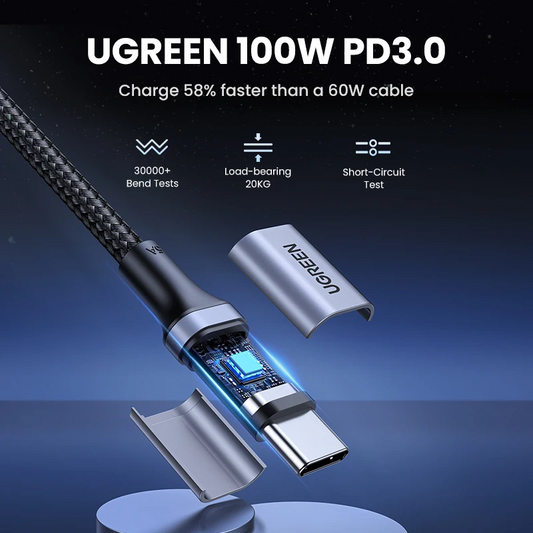 UGREEN 100W PD3.0 cable with charging details on a dark background