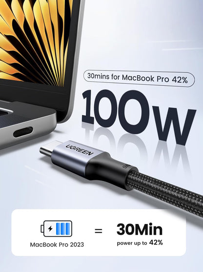 Ugreen USB-C cable with charging speed information for MacBook Pro on a light gray background