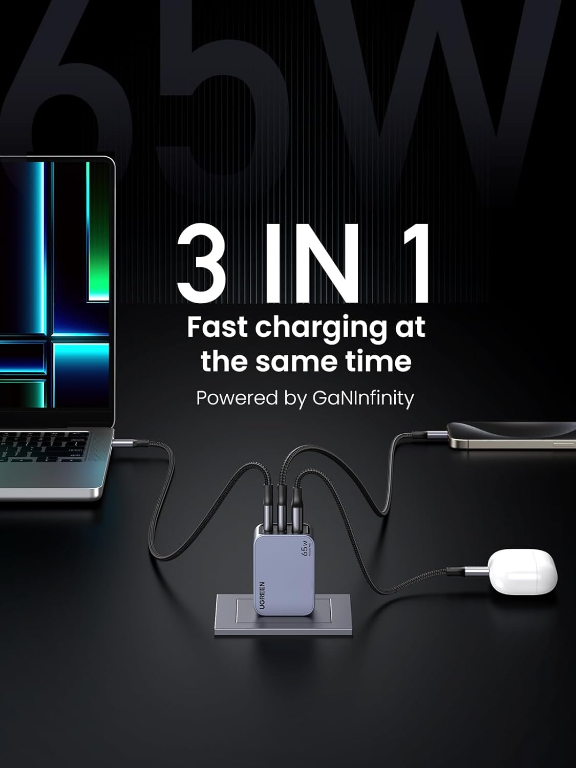 3-in-1 charging station with laptop, phone, and mouse on a black background with '65W' and 'GaNInfinity' text. Available in Barbados from ZULVIRE Power Labs