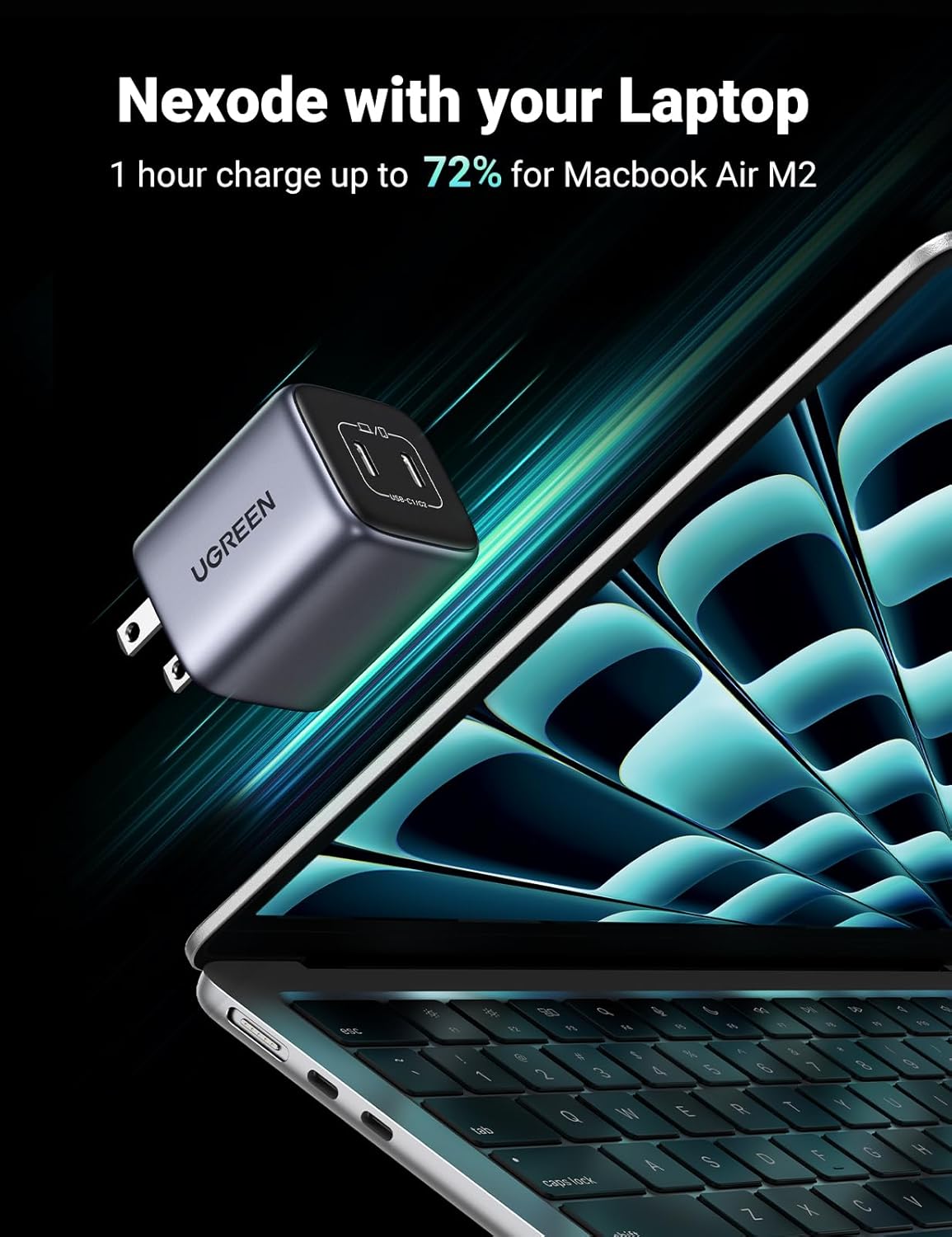 Ugreen charger with MacBook Air M2 on a dark background