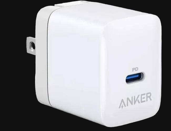 Anker power adapter with USB-C port on a white background