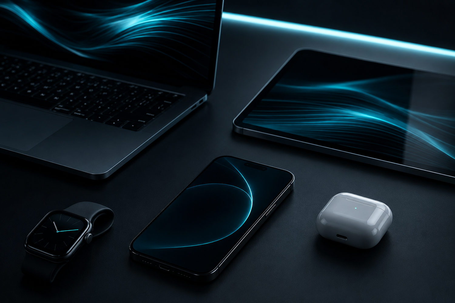 Laptop, tablet, smartphone, smartwatch, and wireless earbuds on a dark surface with blue light effects.