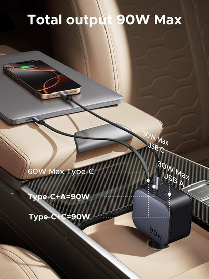 Car charger with multiple ports charging a phone and tablet, labeled with power output.