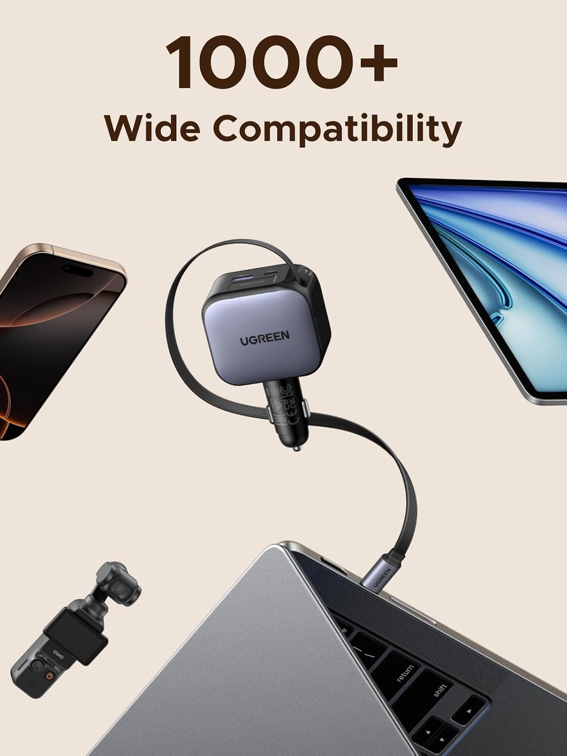 GaN car  charger with wide compatibility text and devices on a beige background