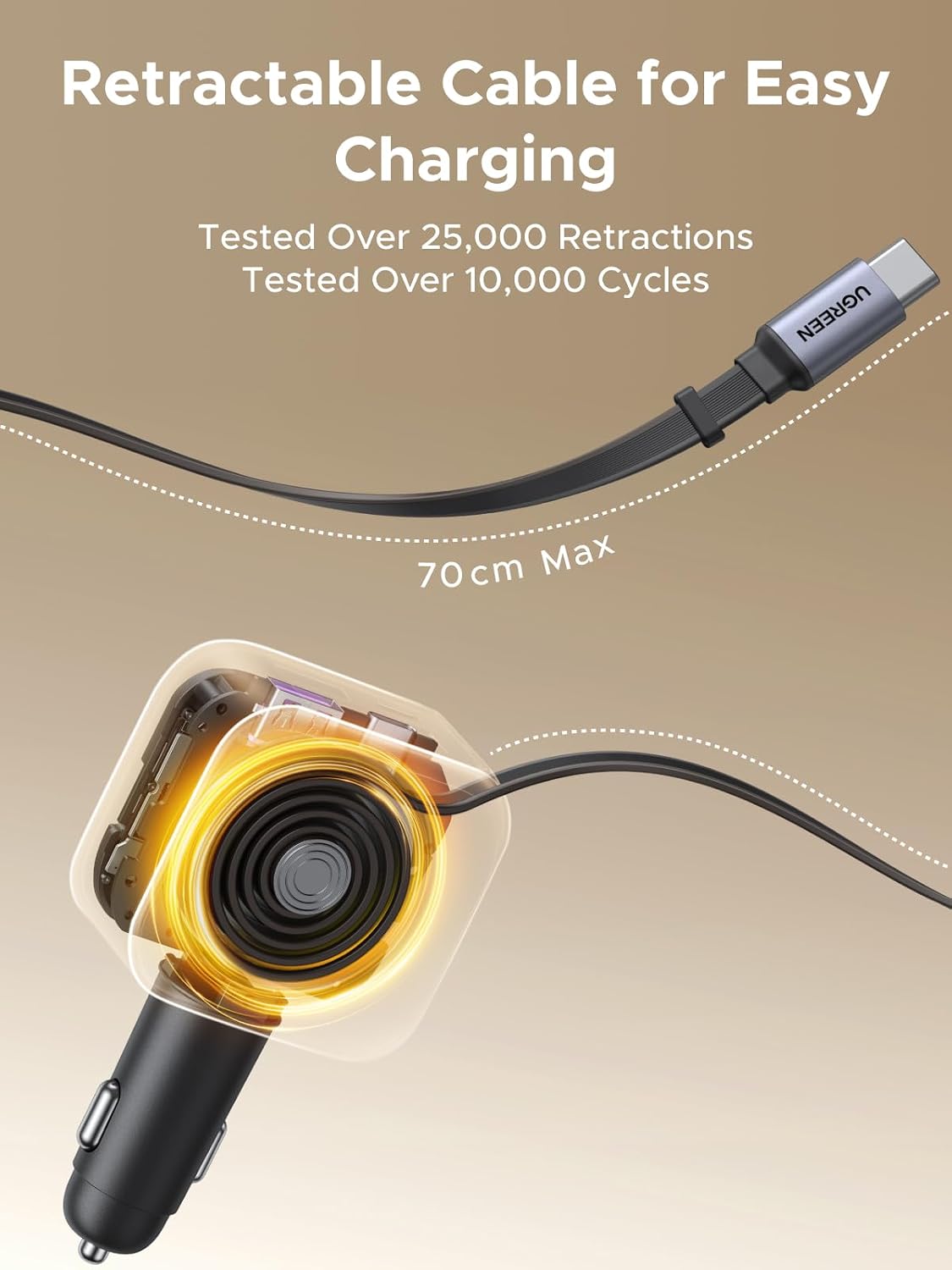 UGREEN 90W retractable car charger with USB-C cable extended 70cm max