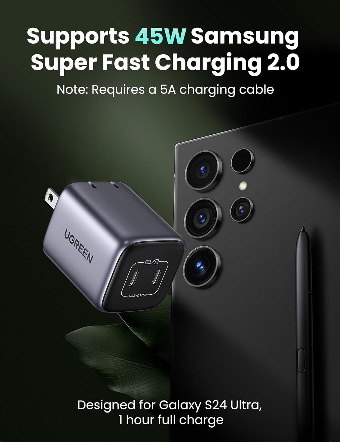 UGREEN charging adapter with Samsung smartphone super fast charging 2.0 galaxy s24 ultra 1 hour to full charge on a dark background