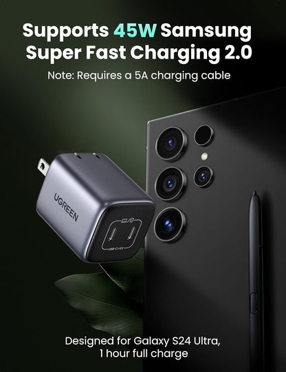 UGREEN charging adapter with Samsung smartphone super fast charging 2.0 galaxy s24 ultra 1 hour to full charge on a dark background