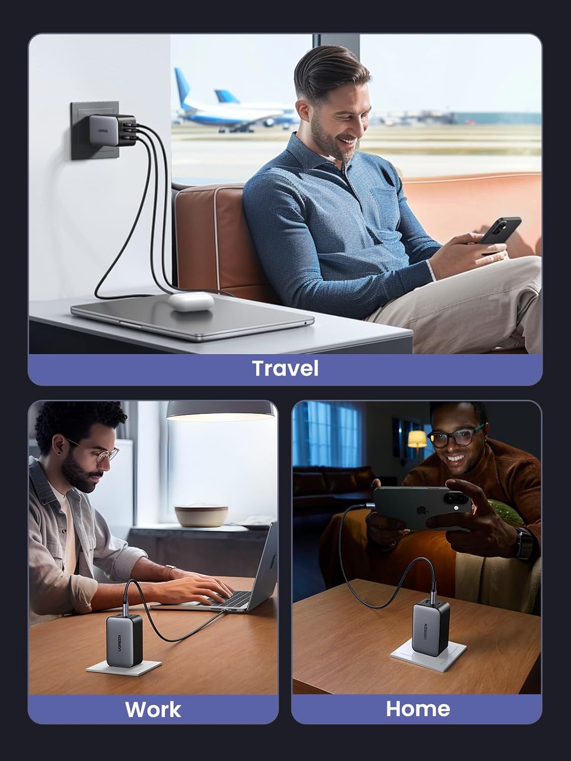 Collage of a man using a device with a power adapter in travel, work, and home settings. ZULVIRE Barbados 