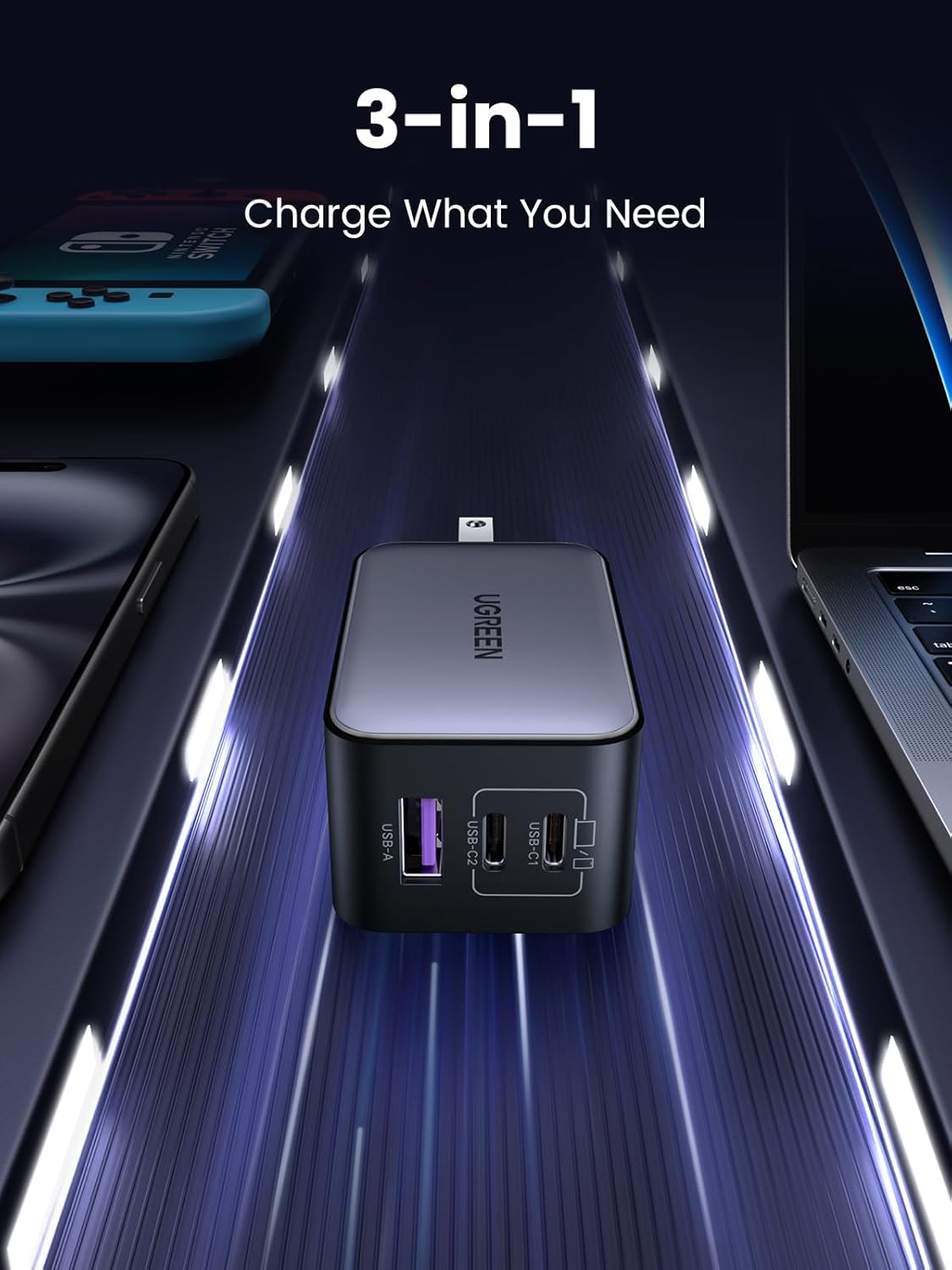 3-in-1 charging device with multiple devices around it on a dark background