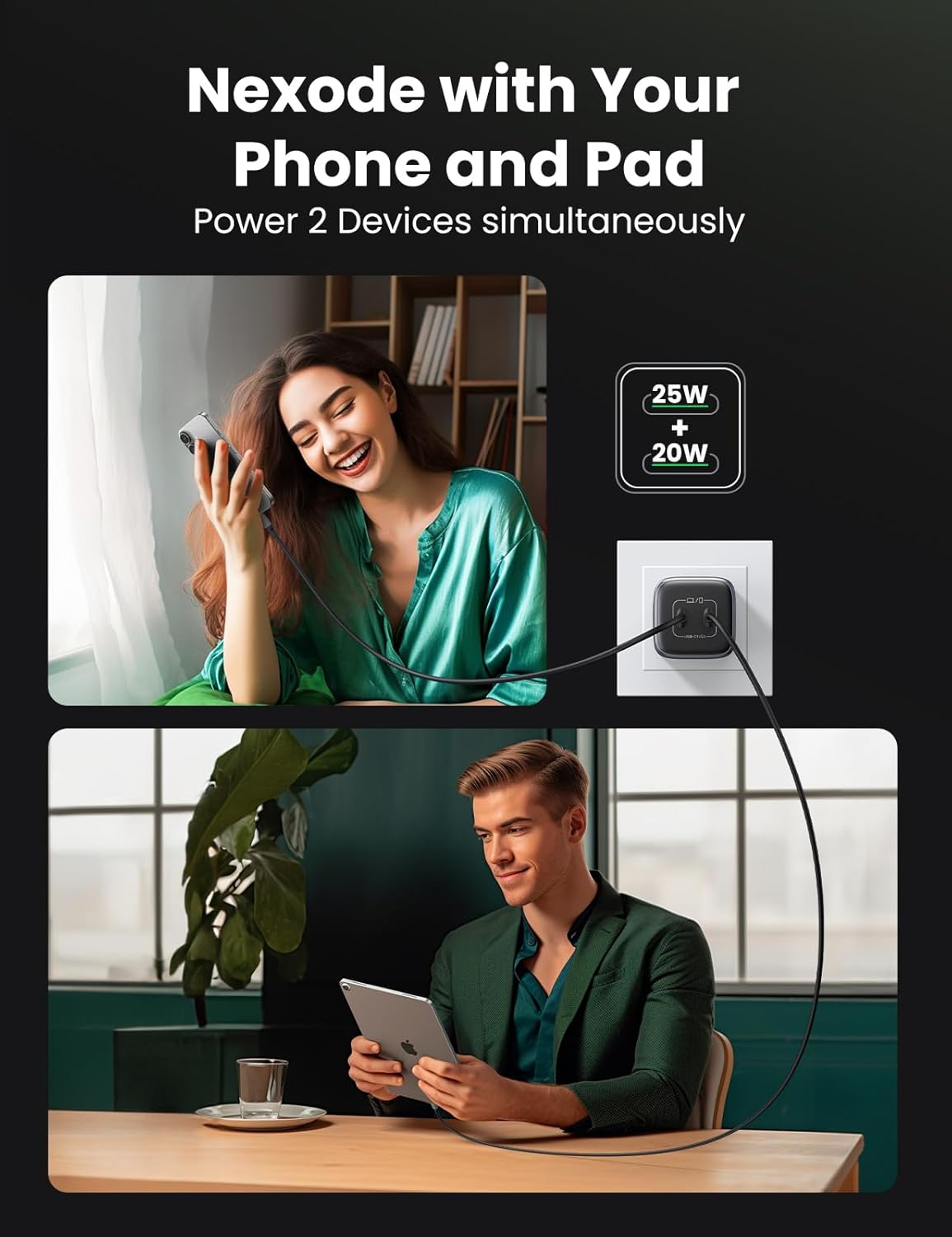 Woman on phone call and man using tablet with Nexode power adapter on black background