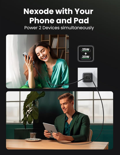 Woman on phone call and man using tablet with Nexode power adapter on black background