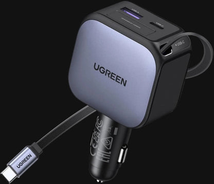 Close-up of retractable USB-C cable and dual charging ports