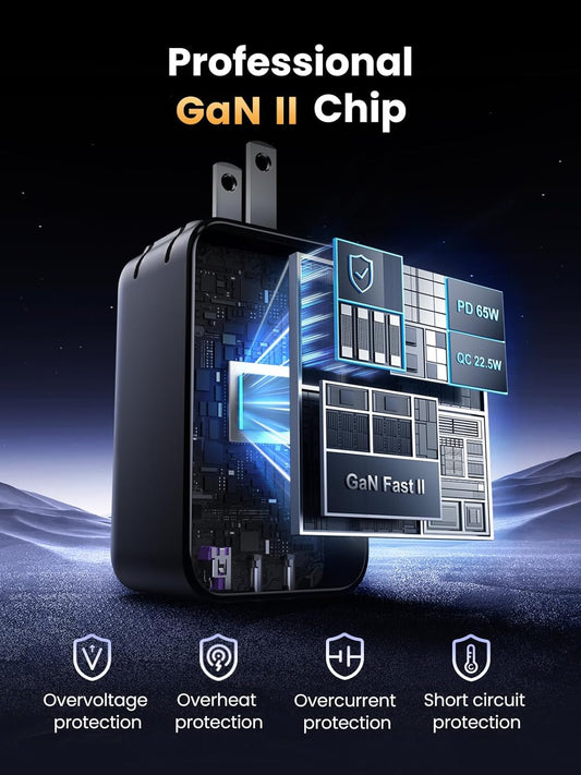 Power adapter with GaN II chip technology and protection features on a dark background. available in Barbados from ZULVIRE Power Labs