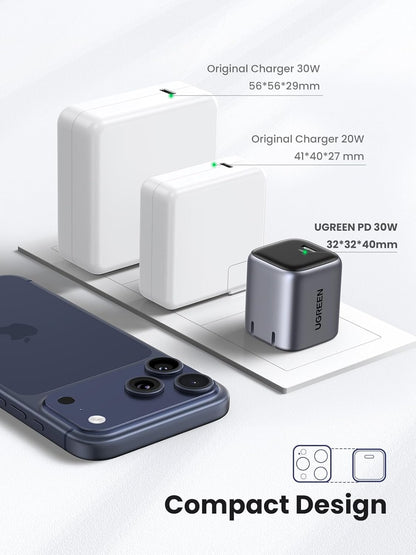 size Comparison of UGREEN PD 30W charger with original chargers on a white background. samller than apple chargers 