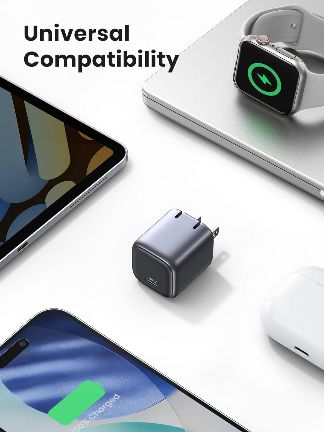 Small charging adapter with devices on a white background, emphasizing universal compatibility.