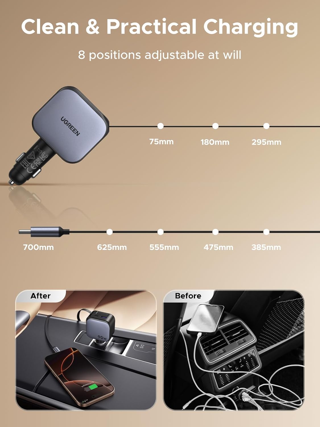 Car charger with adjustable positions and cable length details on a beige background