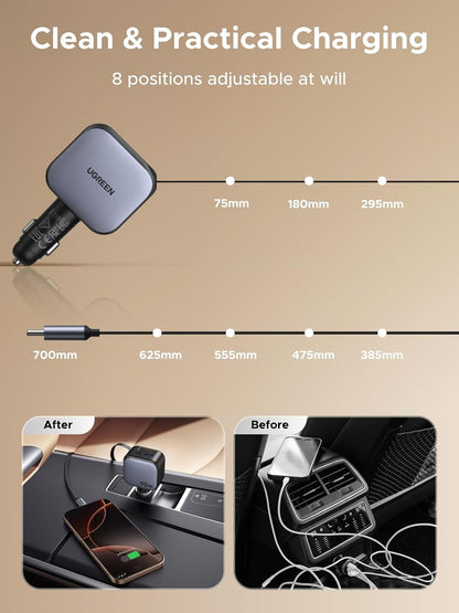 Car charger with adjustable positions and cable length details on a beige background