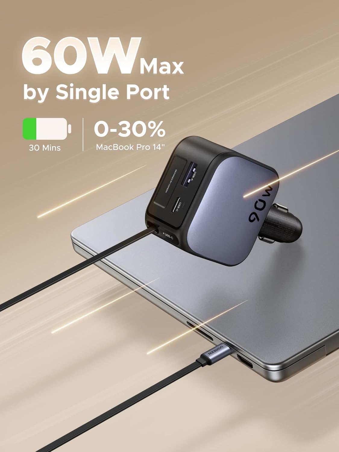 60W power adapter charging a laptop with text indicating fast charging capabilities.