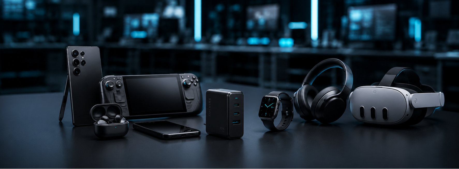 Collection of electronic devices including smartphones, gaming console, and headphones on a dark surface with a blurred technology-themed background.