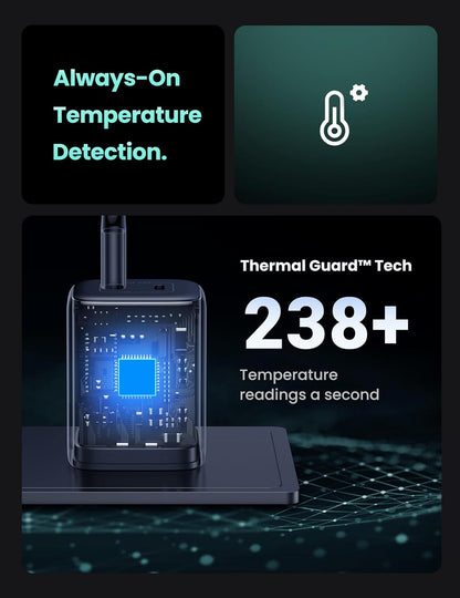 Thermal sensor with 'Always-On Temperature Detection' and 'Thermal Guard Tech' text on a dark background.