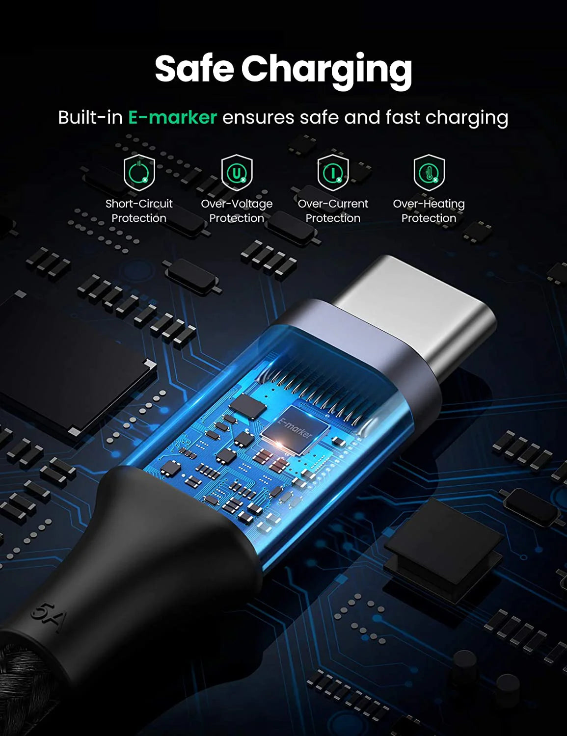 E-MARKER CHIP FOR Charging cable with electronic components on a dark background, highlighting safety features.