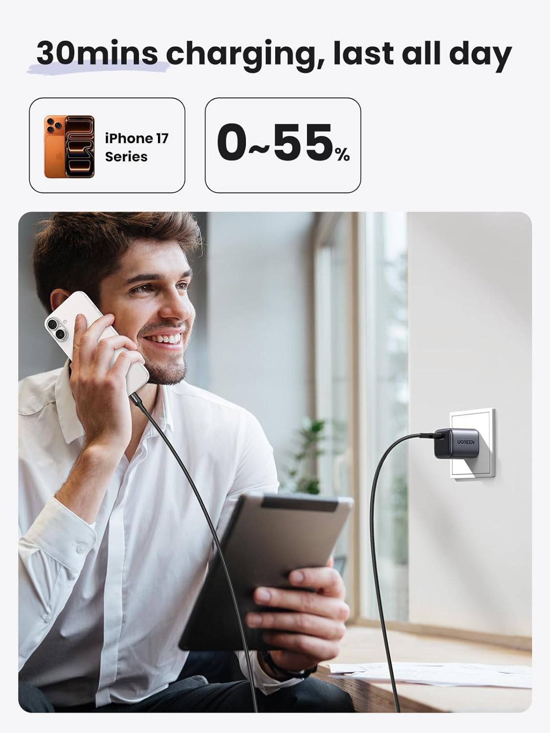 Man using phone and tablet with charging cable, text about iPhone 17 Series charging time. available in Barbados from ZULVIRE Power Labs