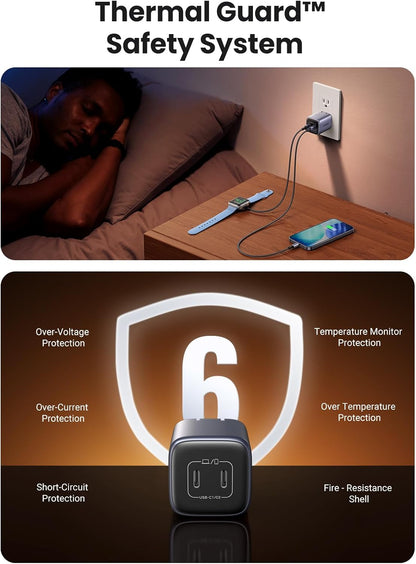 Thermal Guard safety system with a person sleeping and a power adapter on a table.