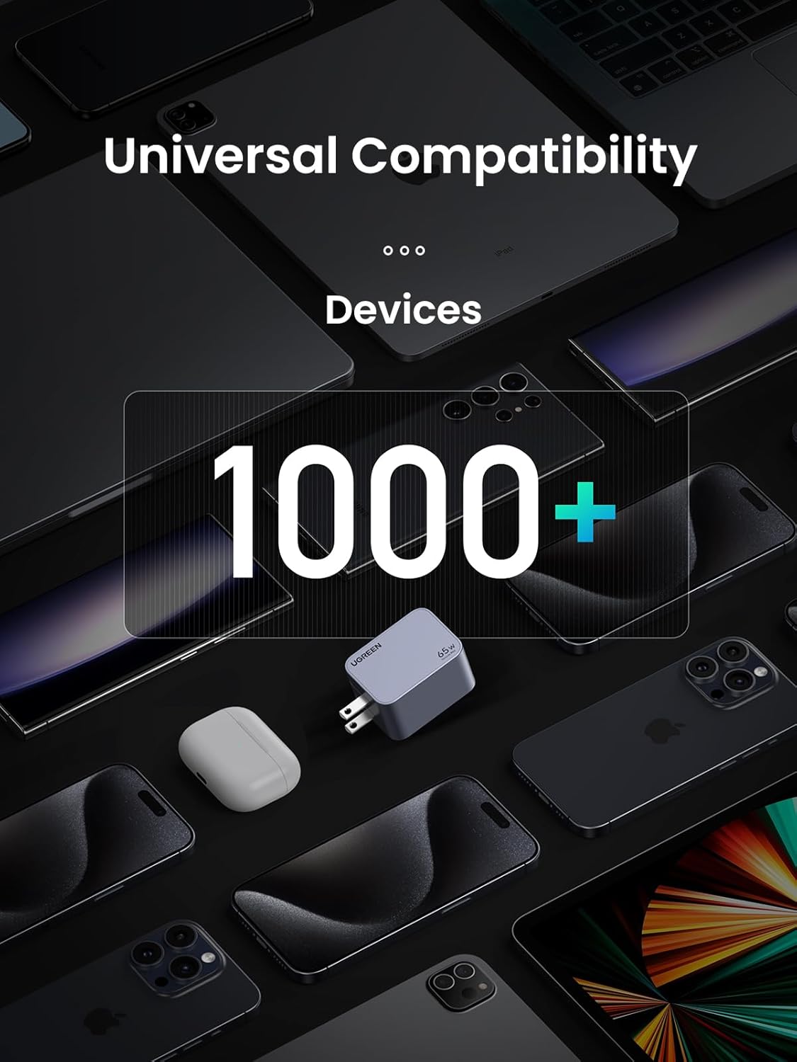 Display of electronic devices with '1000+' text on a dark background